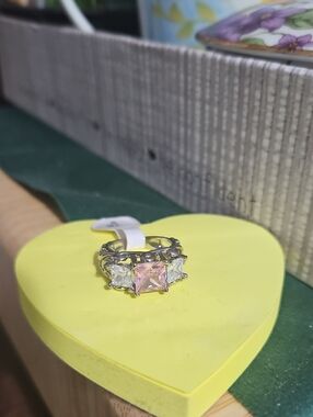 Silver Pink Center Stone Three-Stone Ring